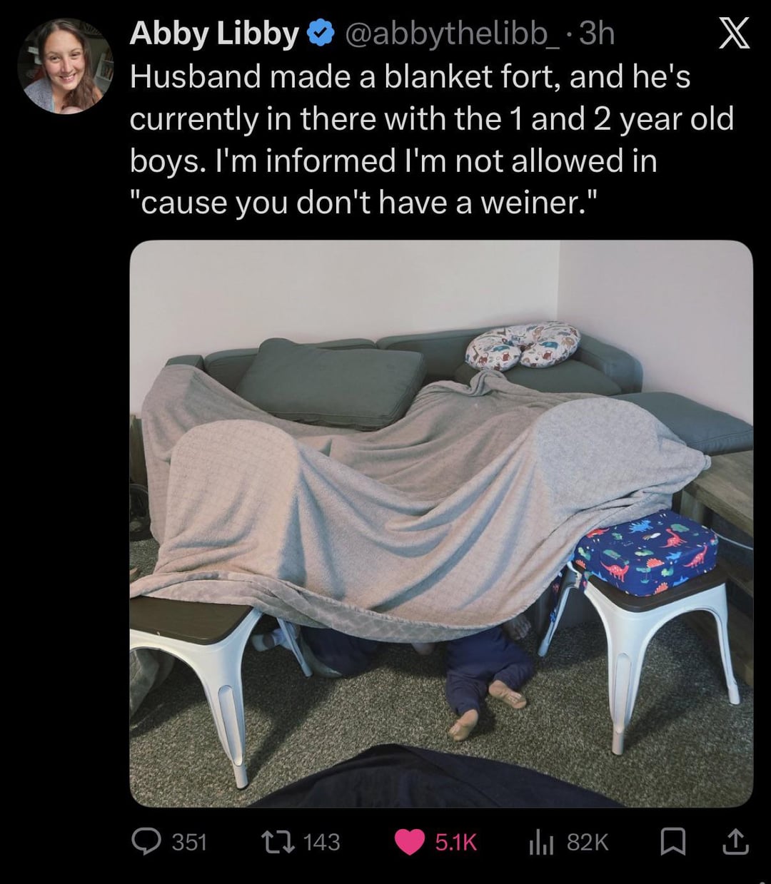 Abby Libby @abbythelibb_.3h X Husband made a blanket fort, and he's currently in there with the 1 and 2 year old boys. I'm informed I'm not allowed in "cause you don't have a weiner." Q351 143 5.1K ılıl 82K