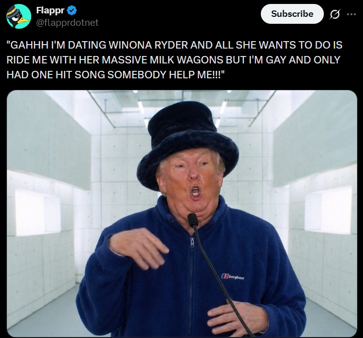 A Trump meme referencing a story about Jay Kay and Winona Ryder's breakup. He apparently broke up with her because she had too high a libido and too big of breasts.