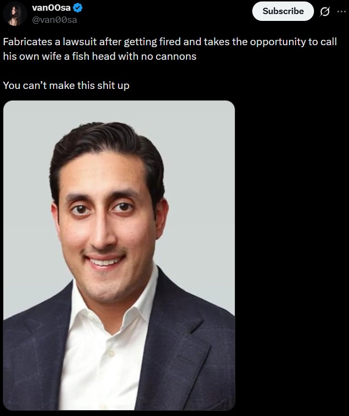 vanOosa @van00sa Subscribe 0 Fabricates a lawsuit after getting fired and takes the opportunity to call his own wife a fish head with no cannons You can't make this s--- up