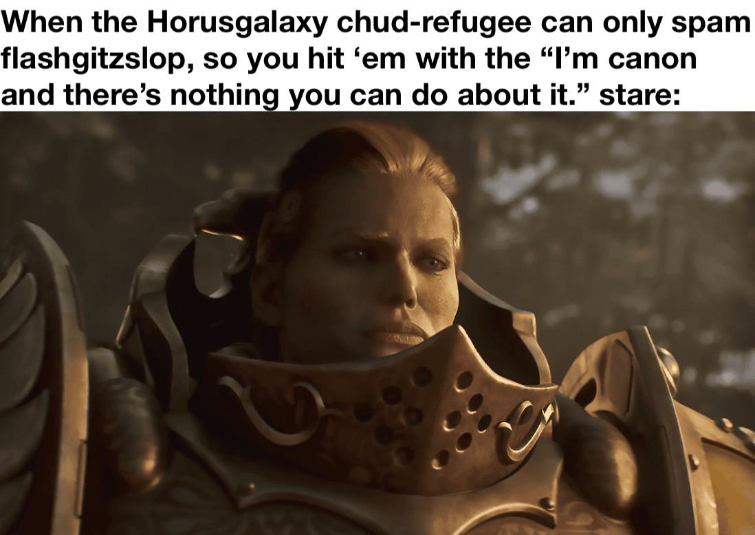 When the Horusgalaxy chud-refugee can only spam flashgitzslop, so you hit 'em with the "I'm canon and there's nothing you can do about it." stare: