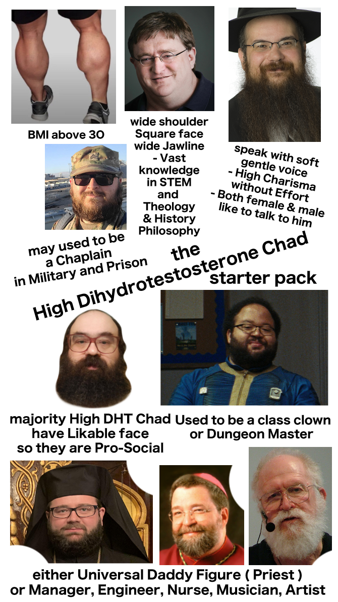 BMI above 30 may used to be a Chaplain wide shoulder Square face wide Jawline - Vast knowledge in STEM and Theology & History Philosophy in Military and Prison the speak with soft gentle voice - High Charisma without Effort - Both female & male like to talk to him High Dihydrotestosterone Chad starter pack majority High DHT Chad Used to be a class clown have Likable face so they are Pro-Social or Dungeon Master either Universal Daddy Figure (Priest) or Manager, Engineer, Nurse, Musician, Artist