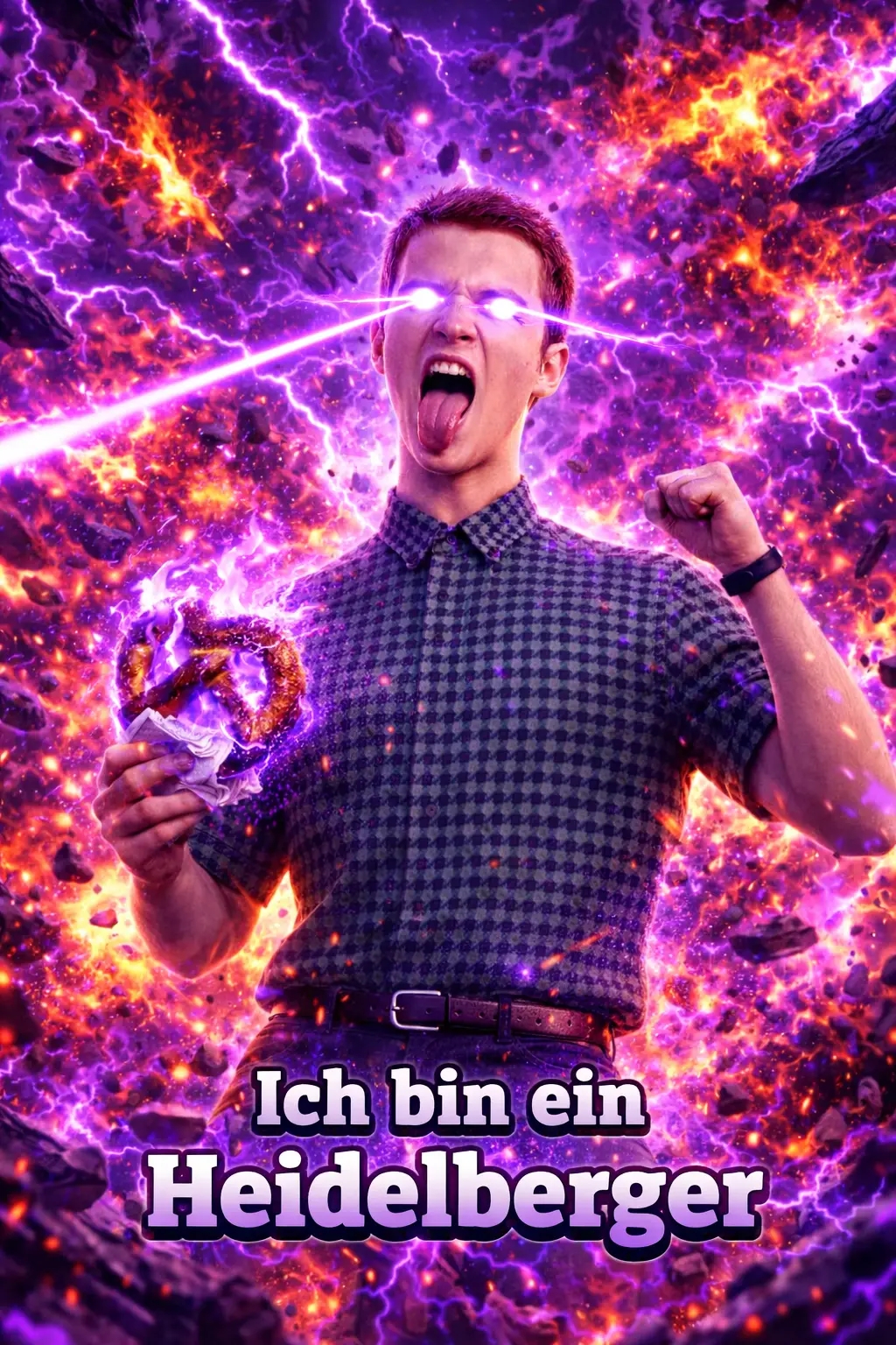 An image of Young Sheldon with a pretzel. The meme reads, "Ich bin ein Heidelberger."