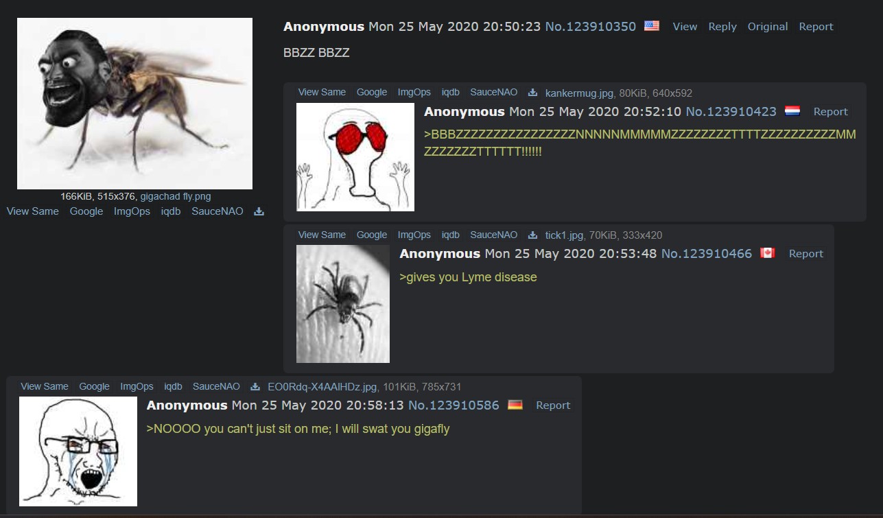 166KiB, 515x376, gigachad fly.png View Same Google ImgOps iqdb SauceNAO Anonymous Mon 25 May 2020 20:50:23 No.123910350 View Reply Original Report BBZZ BBZZ View Same Google Img Ops iqdb SauceNAO kankermug.jpg, 80KiB, 640x592 Anonymous Mon 25 May 2020 20:52:10 No.123910423 >BBBZZZZ ZZZZZZZTTTTT !!!!!! ZNNNNNMMMMMZZZ Report ZTTTTZ ZZZZMM View Same Google ImgOps iqdb SauceNAO tick1.jpg, 70KiB, 333x420 Anonymous Mon 25 May 2020 20:53:48 No.123910466 Report >gives you Lyme disease View Same Google ImgOps iqdb SauceNAO EO0Rdq-X4AAIHDz.jpg, 101KiB, 785x731 Anonymous Mon 25 May 2020 20:58:13 No.123910586 >NOOOO you can't just sit on me; I will swat you gigafly Report
