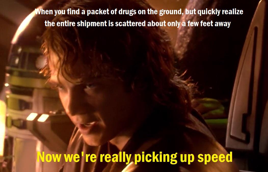 When you find a packet of drugs on the ground, but quickly realize the entire shipment is scattered about only a few feet away Now we're really picking up speed