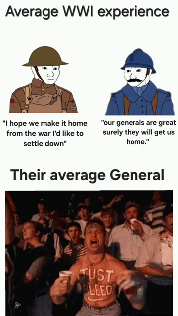 Average WWI experience "I hope we make it home from the war I'd like to settle down" "our generals are great surely they will get us home." Their average General JUST CLEED