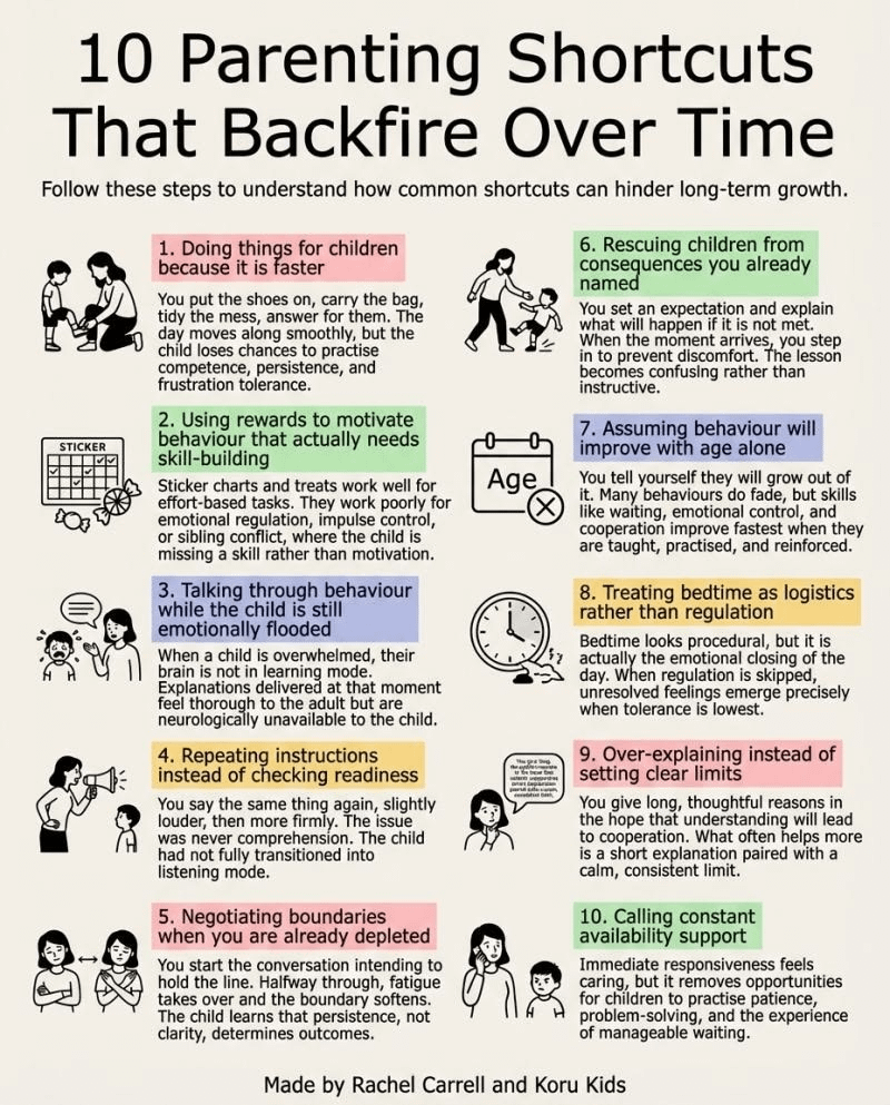 10 Parenting Shortcuts That Backfire Over Time Follow these steps to understand how common shortcuts can hinder long-term growth. STICKER 1. Doing things for children because it is faster You put the shoes on, carry the bag, tidy the mess, answer for them. The day moves along smoothly, but the child loses chances to practise competence, persistence, and frustration tolerance. 2. Using rewards to motivate behaviour that actually needs skill-building Sticker charts and treats work well for effort-based tasks. They work poorly for emotional regulation, impulse control, or sibling conflict, where the child is missing a skill rather than motivation. 3. Talking through behaviour while the child is still emotionally flooded When a child is overwhelmed, their brain is not in learning mode. Explanations delivered at that moment feel thorough to the adult but are neurologically unavailable to the child. 4. Repeating instructions instead of checking readiness You say the same thing again, slightly louder, then more firmly. The issue was never comprehension. The child had not fully transitioned into listening mode. 5. Negotiating boundaries when you are already depleted You start the conversation intending to hold the line. Halfway through, fatigue takes over and the boundary softens. The child learns that persistence, not clarity, determines outcomes. Age 6. Rescuing children from consequences you already named You set an expectation and explain what will happen if it is not met. When the moment arrives, you step in to prevent discomfort. The lesson becomes confusing rather than instructive. 7. Assuming behaviour will improve with age alone You tell yourself they will grow out of it. Many behaviours do fade, but skills like waiting, emotional control, and cooperation improve fastest when they are taught, practised, and reinforced. 8. Treating bedtime as logistics rather than regulation Bedtime looks procedural, but it is actually the emotional closing of the day. When regulation is skipped, unresolved feelings emerge precisely when tolerance is lowest. 9. Over-explaining instead of setting clear limits You give long, thoughtful reasons in the hope that understanding will lead to cooperation. What often helps more is a short explanation paired with a calm, consistent limit. 10. Calling constant availability support Immediate responsiveness feels caring, but it removes opportunities for children to practise patience, problem-solving, and the experience of manageable waiting. Made by Rachel Carrell and Koru Kids