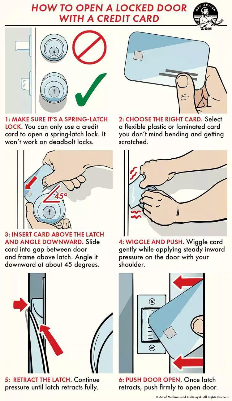 HOW TO OPEN A LOCKED DOOR WITH A CREDIT CARD GET ACTION 1: MAKE SURE IT'S A SPRING-LATCH LOCK. You can only use a credit card to open a spring-latch lock. It won't work on deadbolt locks. 2: CHOOSE THE RIGHT CARD. Select a flexible plastic or laminated card you don't mind bending and getting scratched. 45° 3: INSERT CARD ABOVE THE LATCH AND ANGLE DOWNWARD. Slide card into gap between door and frame above latch. Angle it downward at about 45 degrees. 4: WIGGLE AND PUSH. Wiggle card gently while applying steady inward pressure on the door with your shoulder. 5: RETRACT THE LATCH. Continue pressure until latch retracts fully. 6: PUSH DOOR OPEN. Once latch retracts, push firmly to open door. Art of Manliness and Ted Kinyak. All Rights Reserved.