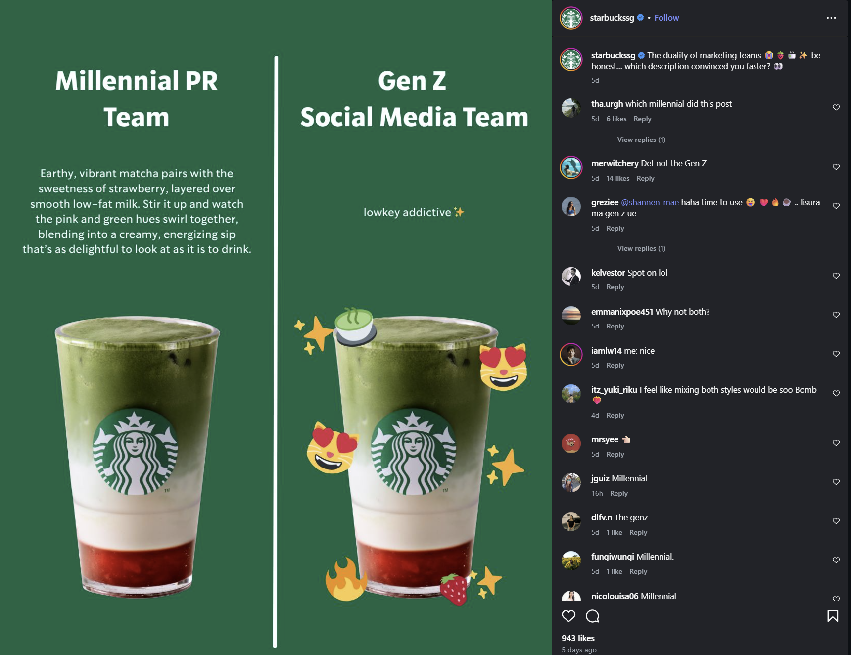 starbuckssg ❤ ⚫ Follow starbuckssg ❤ The duality of marketing teams honest... which description convinced you faster? + be Millennial PR Team Earthy, vibrant matcha pairs with the sweetness of strawberry, layered over smooth low-fat milk. Stir it up and watch the pink and green hues swirl together, blending into a creamy, energizing sip that's as delightful to look at as it is to drink. Gen Z Social Media Team lowkey addictive *+ 5d tha.urgh which millennial did this post 5d 6 likes Reply View replies (1) merwitchery Def not the Gen Z 5d 14 likes Reply greziee @shannen_mae haha time to use ma gen z ue 5d Reply View replies (1) kelvestor Spot on lol 5d Reply emmanixpoe451 Why not both? 5d Reply iamlw14 me: nice 5d Reply .. lisura itz_yuki_riku I feel like mixing both styles would be soo Bomb 4d Reply mrsyee → 5d Reply jguiz Millennial 16h Reply dlfv.n The genz 5d 1 like Reply fungiwungi Millennial. 5d 1 like Reply nicolouisa06 Millennial 3 ♡ ☑ о ♡ 3 3 ♡ > > > 3 943 likes 5 days ago