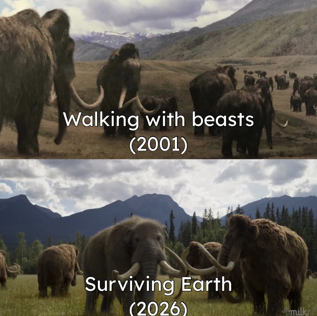 Walking with beasts (2001) Surviving Earth (2026) milkra