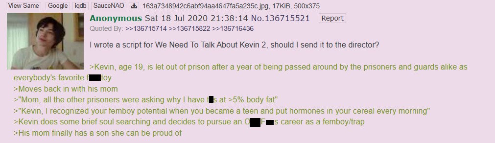 A 4chan post using the term "femboy potential" for the first known time. This is unconfirmed to be the true first use of the exact term "femboy potential."