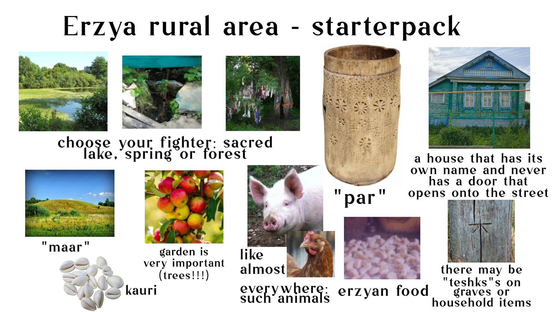 - Erzya rural area starterpack choose your fighter: sacred lake, spring or forest a house that has its own name and never has a door that "par" opens onto the street "maar" garden is like very important (trees!!!) kauri almost everywhere: erzyan food such animals there may be "teshks"s on graves or household items