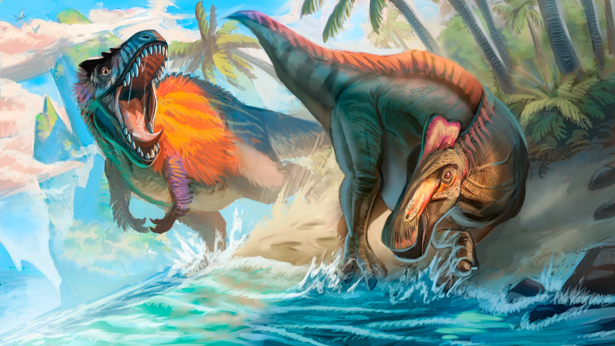Trex chasing Edmontosaurus on a beach