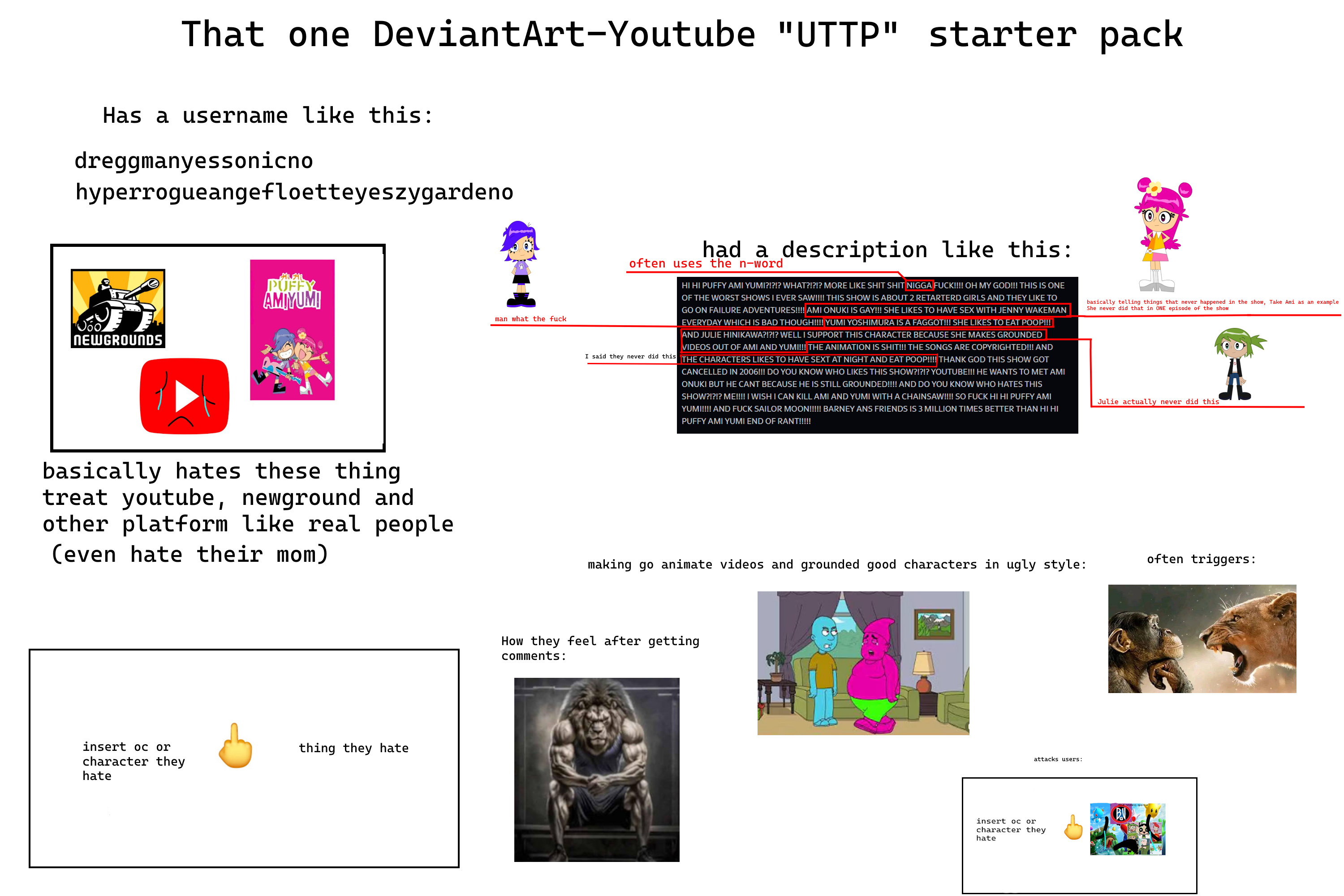 That one one DeviantArt-Youtube "UTTP" starter pack Has a username like this: dreggmanyessonicno hyperrogueangefloetteyeszygardeno PUFFY AMIYUM! Iman what the f--- NEWGROUNDS basically hates these thing treat youtube, newground and other platform like real people (even hate their mom) insert oc or character they hate thing they hate had a description like this: often uses the n-word HI HI PUFFY AMI YUMI?!?!? WHAT?!?!? MORE LIKE S--- S--- N---- F---!!!! OH MY GOD!!! THIS IS ONE OF THE WORST SHOWS I EVER SAW!!!! THIS SHOW IS ABOUT 2 RETARTERD GIRLS AND THEY LIKE TO GO ON FAILURE ADVENTURES!!!! AMI ONUKI IS GAY!!! SHE LIKES TO HAVE SEX WITH JENNY WAKEMAN EVERYDAY WHICH IS BAD THOUGH!!!! YUMI YOSHIMURA IS A F-----!!! SHE LIKES TO EAT POOP!!! AND JULIE HINIKAWA?!?!? WELL I SUPPORT THIS CHARACTER BECAUSE SHE MAKES GROUNDED VIDEOS OUT OF AMI AND YUM!!!! THE ANIMATION IS S---!!! THE SONGS ARE COPYRIGHTED!!! AND I said they never did this THE CHARACTERS LIKES TO HAVE SEXT AT NIGHT AND EAT POOP!!!! THANK GOD THIS SHOW GOT CANCELLED IN 2006!!! DO YOU KNOW WHO LIKES THIS SHOW?!?!? YOUTUBE!!! HE WANTS TO MET AMI ONUKI BUT HE CANT BECAUSE HE IS STILL GROUNDED!!!! AND DO YOU KNOW WHO HATES THIS SHOW?!?!? ME!!!! I WISH I CAN KILL AMI AND YUMI WITH A CHAINSAW!!!! SO F--- HI HI PUFFY AMI YUM!!!!! AND F--- SAILOR MOON!!!!! BARNEY ANS FRIENDS IS 3 MILLION TIMES BETTER THAN HI HI PUFFY AMI YUMI END OF RANT!!!!! basically telling things that never happened in the show, Take Ami as an example She never did that in ONE episode of the show Julie actually never did this making go animate videos and grounded good characters in ugly style: How they feel after getting comments: attacks users: insert oc or character they hate BU often triggers: