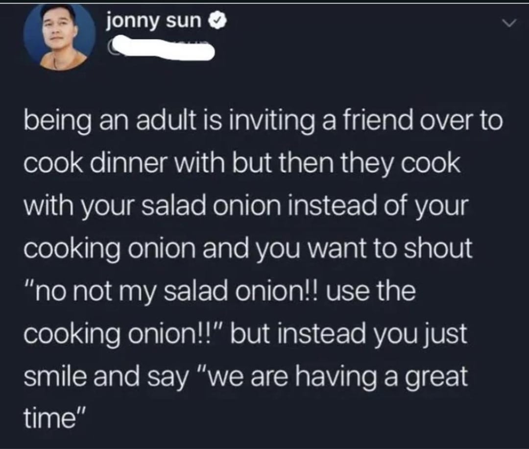 jonny sun being an adult is inviting a friend over to cook dinner with but then they cook with your salad onion instead of your cooking onion and you want to shout “no not my salad onion!! use the cooking onion!!" but instead you just smile and say "we are having a great time"