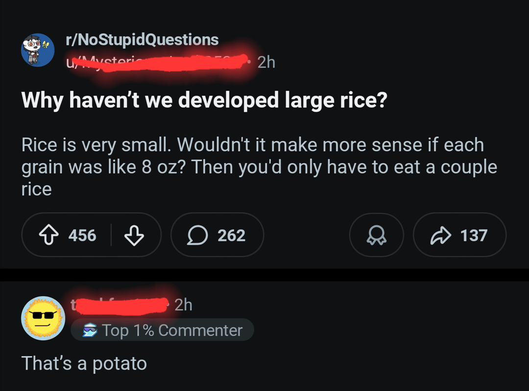 r/NoStupidQuestions U/Mystoric 2h Why haven't we developed large rice? Rice is very small. Wouldn't it make more sense if each grain was like 8 oz? Then you'd only have to eat a couple rice 456 262 137 www 2h Top 1% Commenter That's a potato