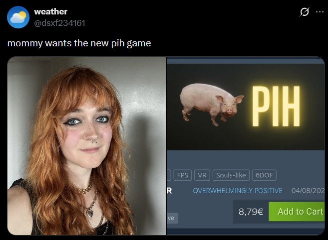 weather @dsxf234161 mommy wants the new pih game R ve PIH FPS VR Souls-like 6DOF OVERWHELMINGLY POSITIVE 04/08/202 8,79€ Add to Cart
