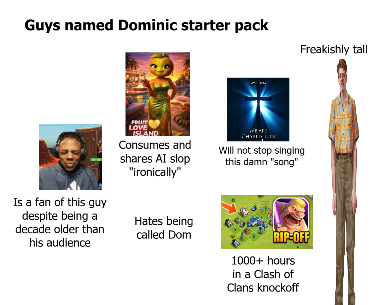 Guys named Dominic starter pack Freakishly tall SPALEXMA FRUIT LOVE ISLAND Consumes and shares AI slop "ironically" WE ARE CHARLIE KIRK Will not stop singing this damn "song" Is a fan of this guy despite being a decade older than his audience Hates being called Dom RIP-OFF 1000+ hours in a Clash of Clans knockoff