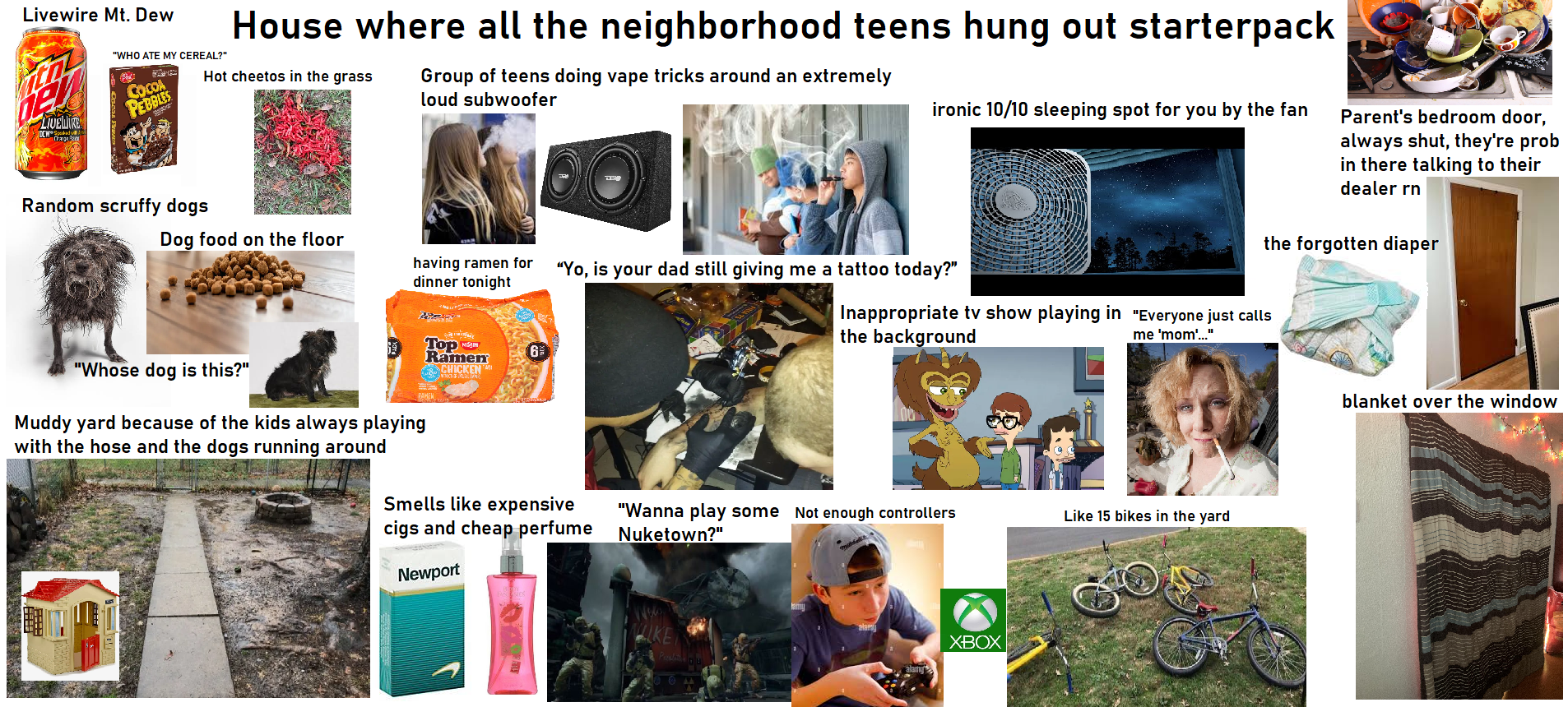 Livewire Mt. Dew Hot cheetos in the grass PEBBLES LIVELLIRE Group of teens doing vape tricks around an extremely loud subwoofer "WHO ATE MY CEREAL?" COCOA House where all the neighborhood teens hung out starterpack ironic 10/10 sleeping spot for you by the fan Random scruffy dogs Parent's bedroom door, always shut, they're prob in there talking to their dealer rn the forgotten diaper Dog food on the floor having ramen for dinner tonight "Yo, is your dad still giving me a tattoo today?" Inappropriate tv show playing in "Everyone just calls the background me 'mom'..." "Whose dog is this?" Muddy yard because of the kids always playing with the hose and the dogs running around Top NSM Ramen CHICKEN 6 Smells like expensive cigs and cheap perfume Newport "Wanna play some Nuketown?" Not enough controllers Like 15 bikes in the yard XBOX blanket over the window