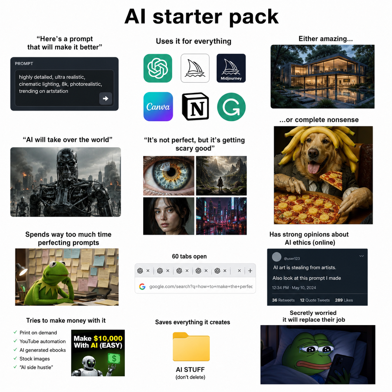 "Here's a prompt that will make it better" PROMPT highly detailed, ultra realistic, cinematic lighting, 8k, photorealistic, trending on artstation "Al will take over the world" Spends way too much time perfecting prompts Al starter pack Uses it for everything Either amazing... Midjourney Canva N G ...or complete nonsense "It's not perfect, but it's getting scary good" 60 tabs open × × x + G google.com/search?q=how+to+make+the+perfec Tries to make money with it Print on demand YouTube automation Al generated ebooks Stock images "Al side hustle" Make $10,000 With AI (EASY) Saves everything it creates AI STUFF (don't delete) Has strong opinions about Al ethics (online) @user123 Al art is stealing from artists. Also look at this prompt I made. 12:34 PM - May 10, 2024 36 Retweets 12 Quote Tweets 289 Likes Secretly worried it will replace their job ツ