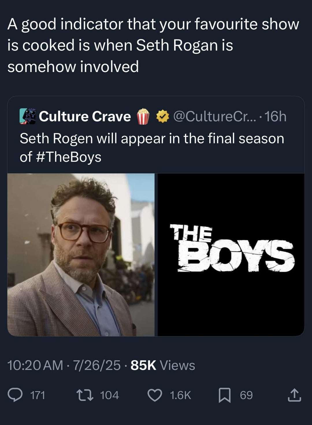 A good indicator that your favourite show is cooked is when Seth Rogan is somehow involved [Culture Crave @CultureCr.... 16h Seth Rogen will appear in the final season of #TheBoys THE BOYS 10:20 AM - 7/26/25 85K Views 171 [ 104 1.6K ☐ 69 ↑