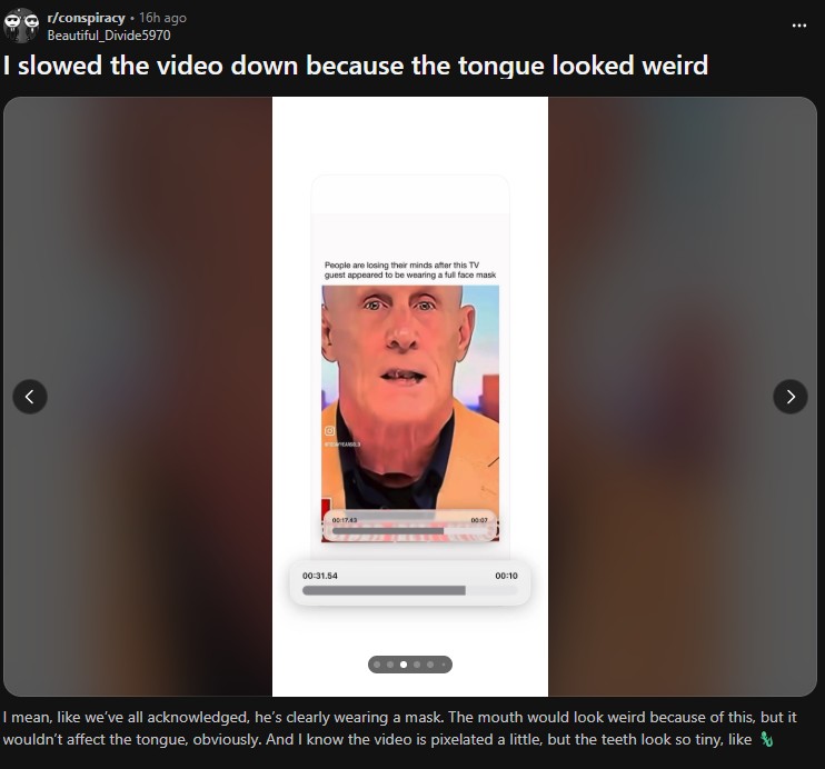 A Reddit post suggesting that Harward is a lizard person. The post highlights his teeth.