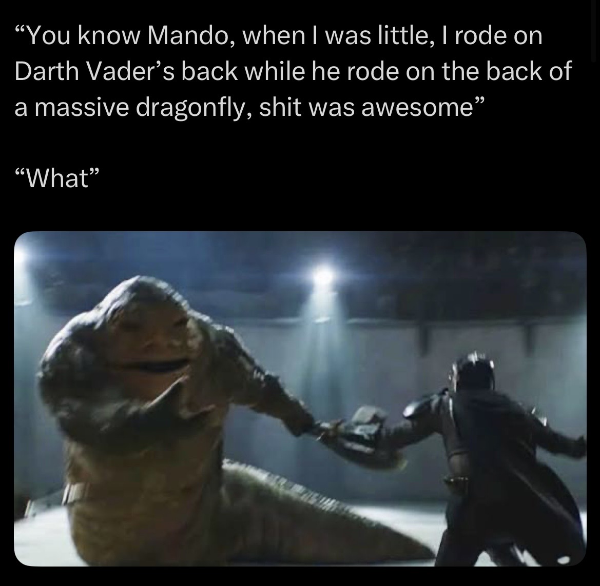 "You know Mando, when I was little, I rode on Darth Vader's back while he rode on the back of a massive dragonfly, s--- was awesome" "What"
