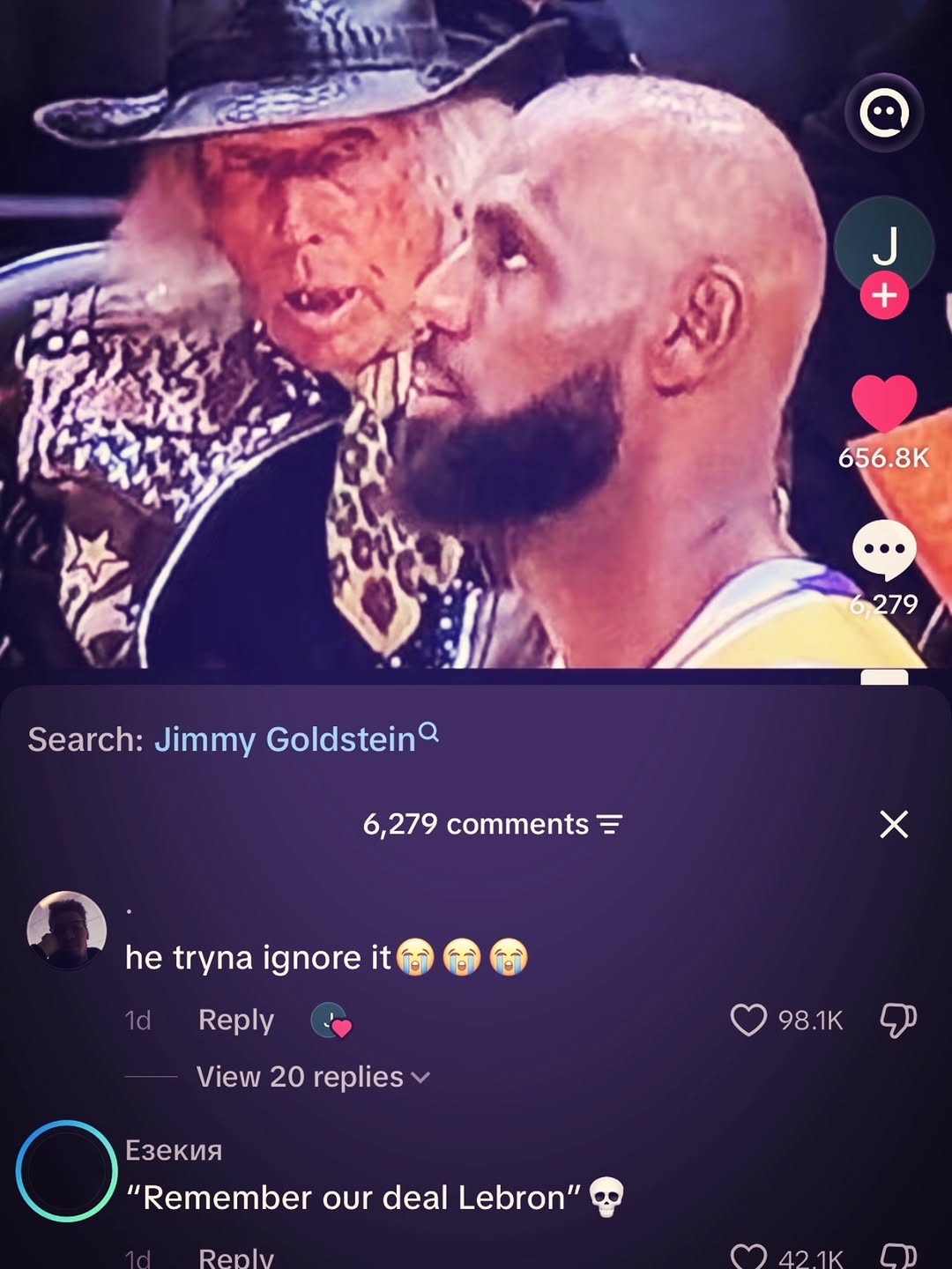 An image of Jimmy Goldstein watching LeBron James play basketball. The top comment reads, "He tryna ignore it," suggesting Goldstein looks creepy.
