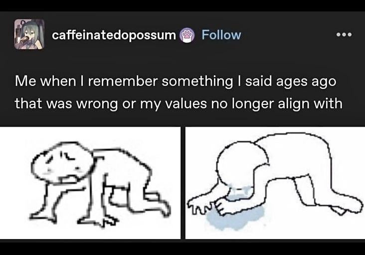 caffeinatedopossum Follow Me when I remember something I said ages ago that was wrong or my values no longer align with A