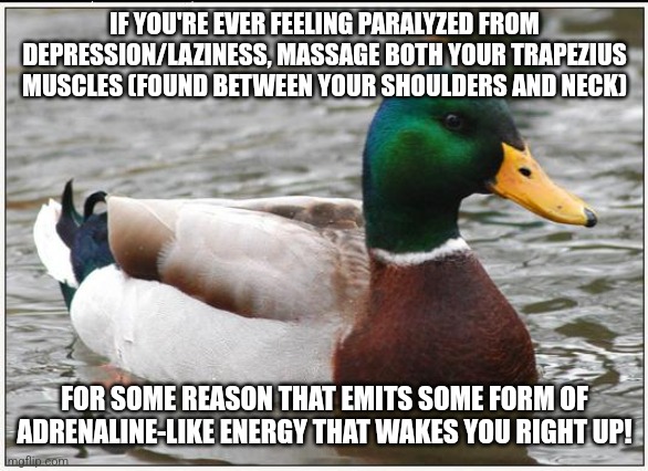 IF YOU'RE EVER FEELING PARALYZED FROM DEPRESSION/LAZINESS, MASSAGE BOTH YOUR TRAPEZIUS MUSCLES (FOUND BETWEEN YOUR SHOULDERS AND NECK) FOR SOME REASON THAT EMITS SOME FORM OF ADRENALINE-LIKE ENERGY THAT WAKES YOU RIGHT UP! Imgflip.com