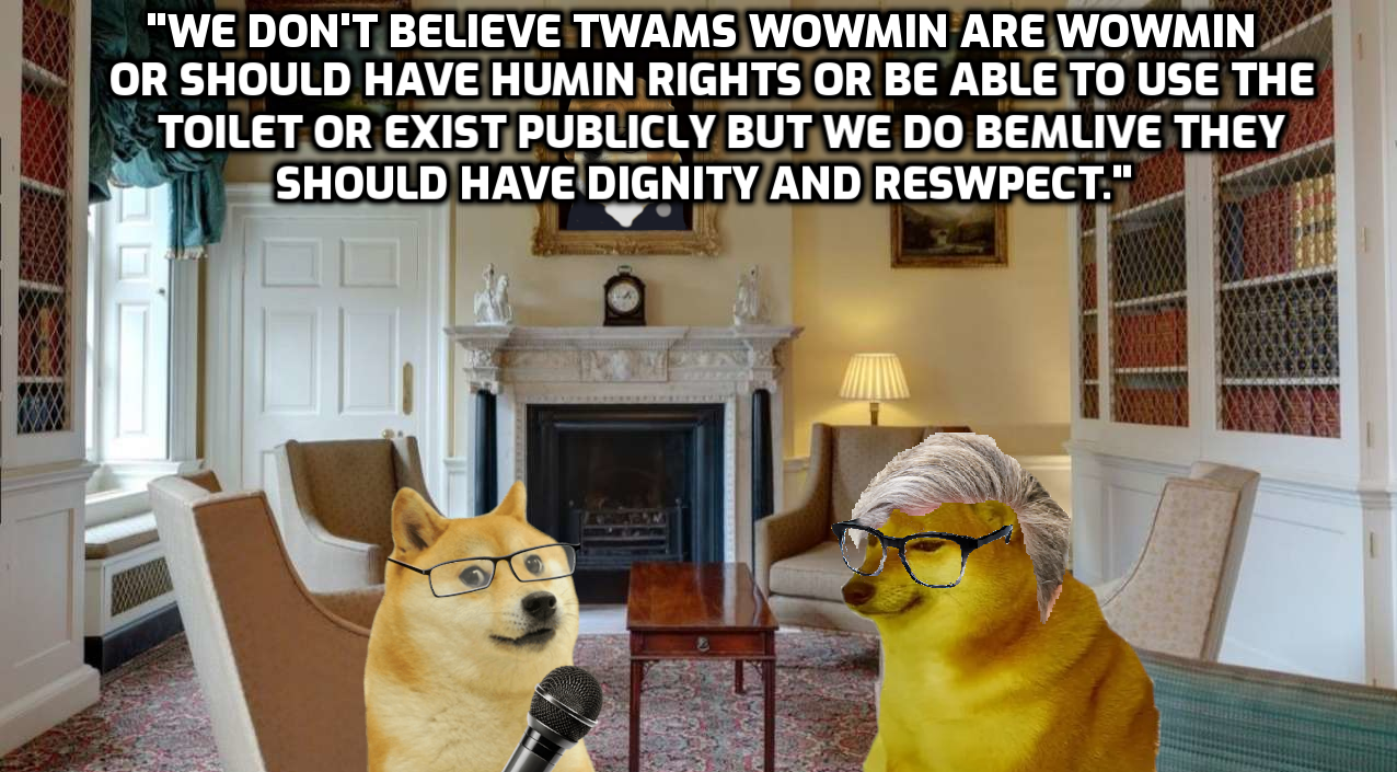 "WE DON'T BELIEVE TWAMS WOWMIN ARE WOWMIN OR SHOULD HAVE HUMIN RIGHTS OR BE ABLE TO USE THE TOILET OR EXIST PUBLICLY BUT WE DO BEMLIVE THEY SHOULD HAVE DIGNITY AND RESWPECT."