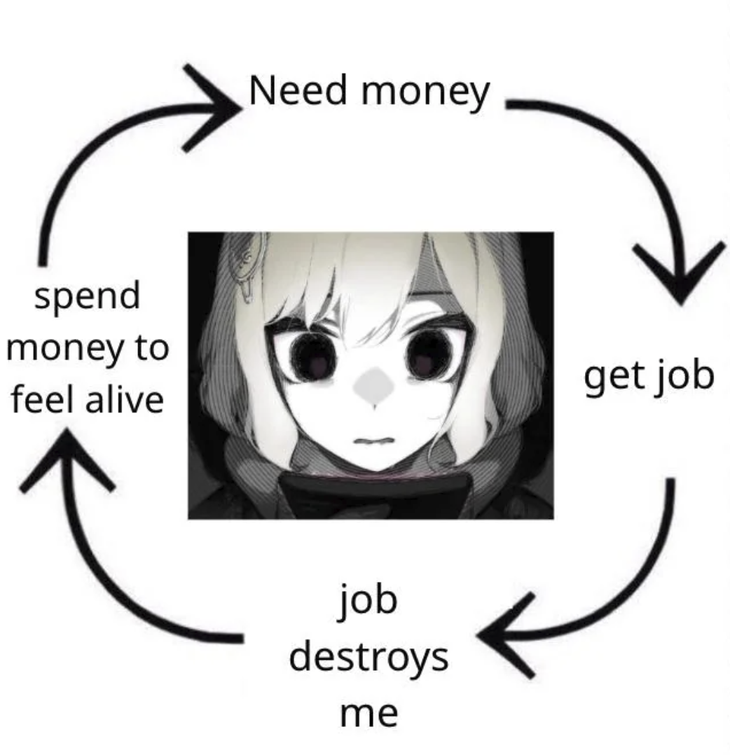 spend money to feel alive Need money job destroys me get job