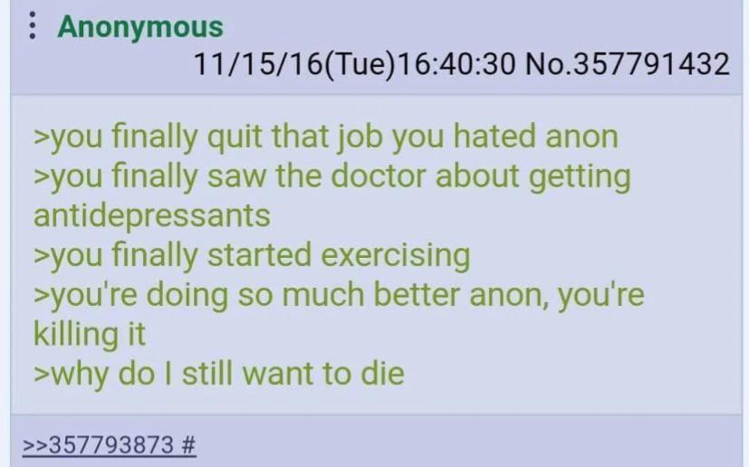: Anonymous 11/15/16(Tue)16:40:30 No.357791432 >you finally quit that job you hated anon >you finally saw the doctor about getting antidepressants >you finally started exercising >you're doing so much better anon, you're killing it >why do I still want to die >>357793873 #