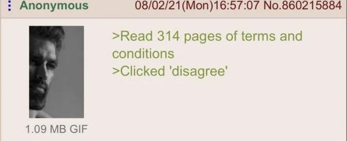 Anonymous 08/02/21(Mon) 16:57:07 No.860215884 >Read 314 pages of terms and conditions >Clicked 'disagree' 1.09 MB GIF