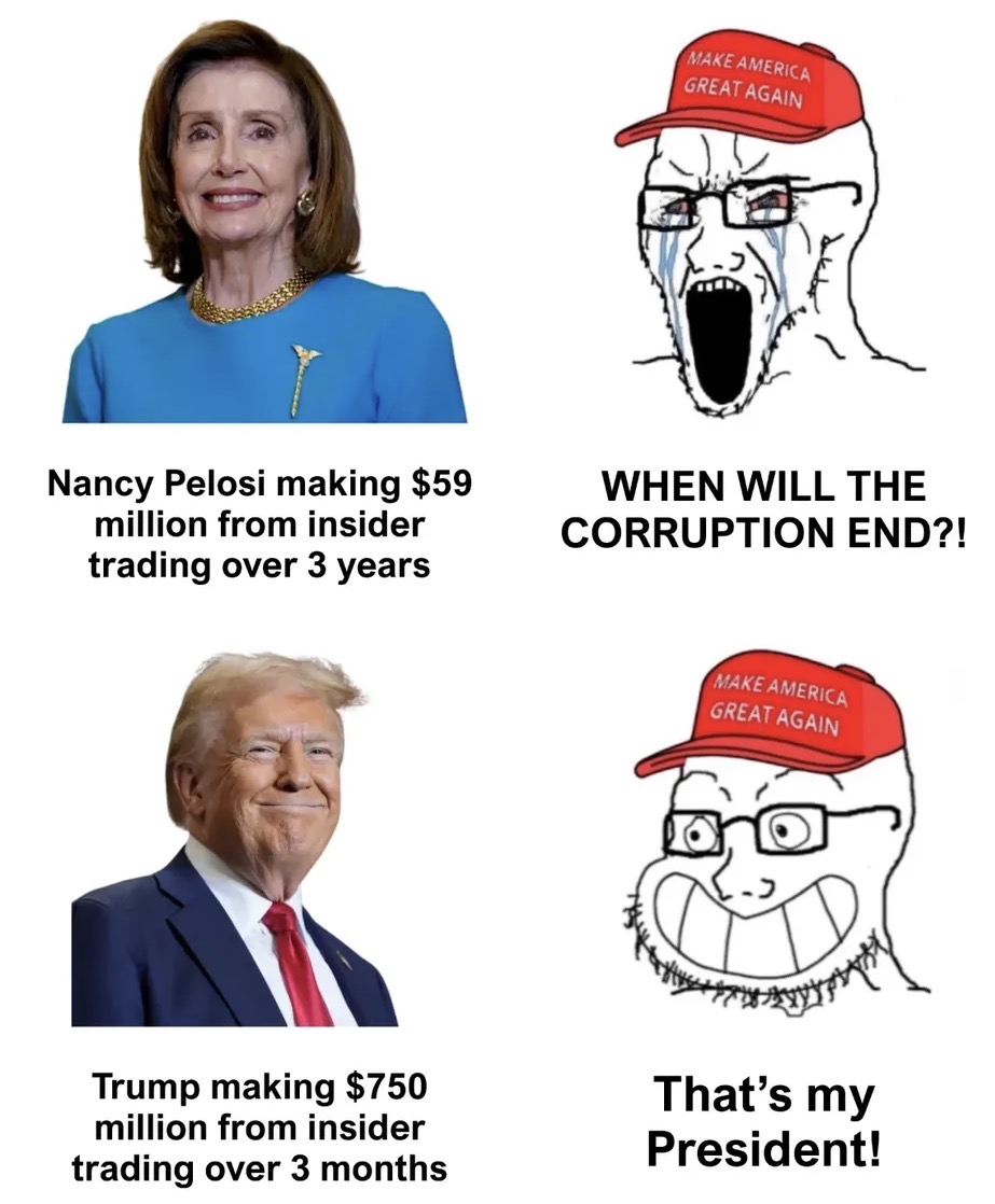 MAKE AMERICA GREAT AGAIN Nancy Pelosi making $59 million from insider trading over 3 years WHEN WILL THE CORRUPTION END?! MAKE AMERICA GREAT AGAIN Trump making $750 million from insider trading over 3 months That's my President!