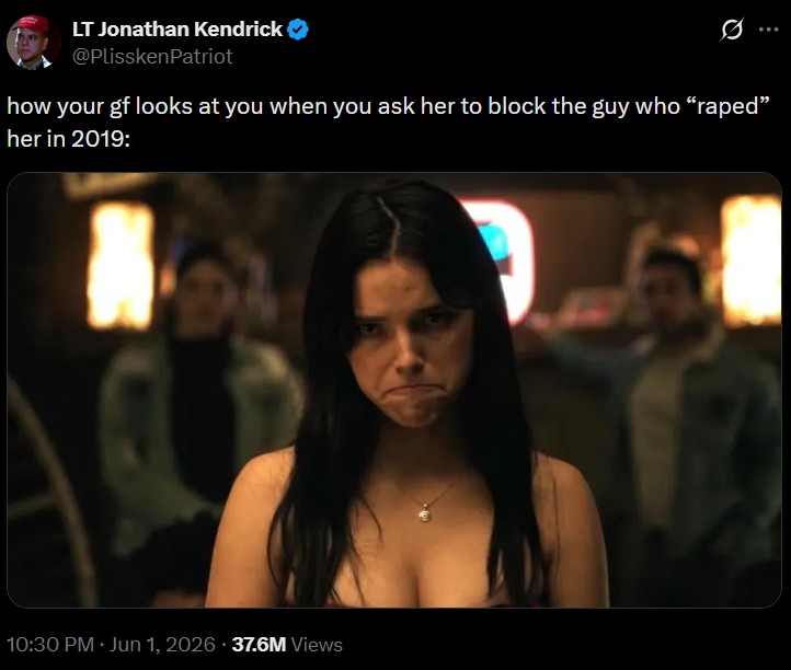 A tweet reading, "how your gf looks at you when you ask her to block the guy who “r---d” her in 2019:." The tweet uses an image of Nikki frowning from Obsession.