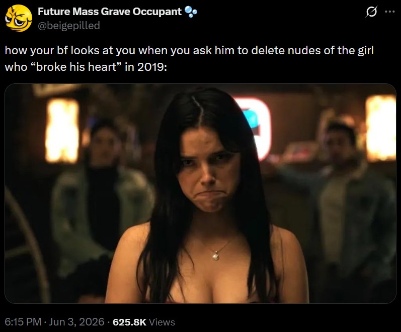 A version of the Nikki Frowning meme. It reads, "how your bf looks at you when you ask him to delete nudes of the girl who “broke his heart” in 2019:"