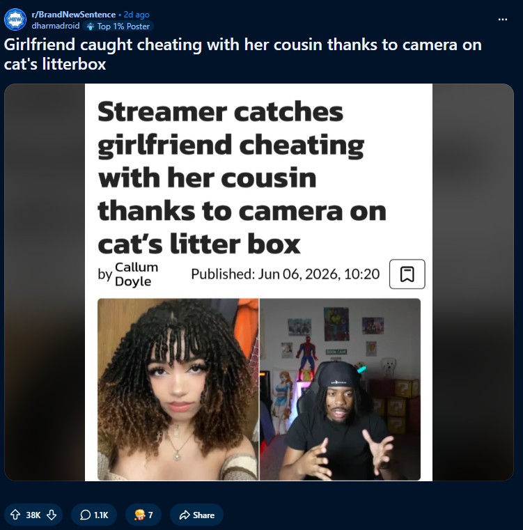 r/BrandNewSentence. 2d ago dharmadroid Top 1% Poster Girlfriend caught cheating with her cousin thanks to camera on cat's litterbox Streamer catches girlfriend cheating with her cousin thanks to camera on cat's litter box Callum by Doyle Published: Jun 06, 2026, 10:20 ✩ 38K ↓ 1.1K 7 Share