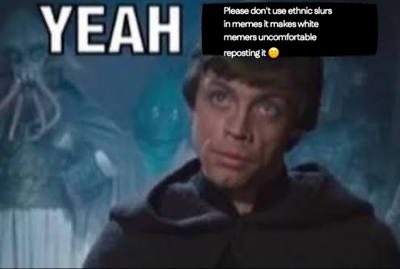 YEAH Please don't use ethnic slurs in memes it makes white memers uncomfortable reposting it
