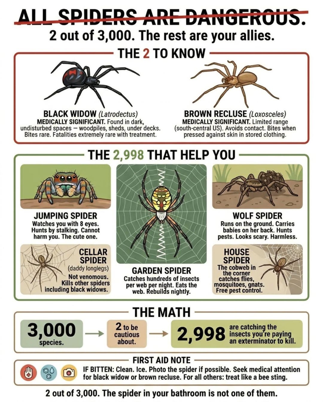ALL SPIDERS ARE DANGEROUS. 2 out of 3,000. The rest are your allies. THE 2 TO KNOW BLACK WIDOW (Latrodectus) MEDICALLY SIGNIFICANT. Found in dark, undisturbed spaces - woodpiles, sheds, under decks. Bites rare. Fatalities extremely rare with treatment. BROWN RECLUSE (Loxosceles) MEDICALLY SIGNIFICANT. Limited range (south-central US). Avoids contact. Bites when pressed against skin in stored clothing. THE 2,998 THAT HELP YOU JUMPING SPIDER Watches you with 8 eyes. Hunts by stalking. Cannot harm you. The cute one. CELLAR SPIDER (daddy longlegs) Not venomous. Kills other spiders including black widows. 3,000 H species. www GARDEN SPIDER Catches hundreds of insects per web per night. Eats the web. Rebuilds nightly. THE MATH 2 to be cautious about. WOLF SPIDER Runs on the ground. Carries babies on her back. Hunts pests. Looks scary. Harmless. HOUSE SPIDER The cobweb in the corner catches flies, mosquitoes, gnats. Free pest control. 2,998 FIRST AID NOTE are catching the insects you're paying an exterminator to kill. IF BITTEN: Clean. Ice. Photo the spider if possible. Seek medical attention for black widow or brown recluse. For all others: treat like a bee sting. 2 out of 3,000. The spider in your bathroom is not one of them.