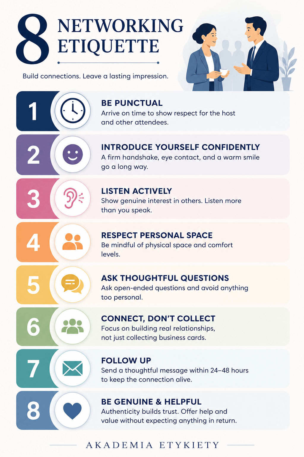 8 NETWORKING ETIQUETTE Build connections. Leave a lasting impression. 10 2 e 39 4 5 6 7 8 BE PUNCTUAL Arrive on time to show respect for the host and other attendees. INTRODUCE YOURSELF CONFIDENTLY A firm handshake, eye contact, and a warm smile go a long way. LISTEN ACTIVELY Show genuine interest in others. Listen more than you speak. RESPECT PERSONAL SPACE Be mindful of physical space and comfort levels. ASK THOUGHTFUL QUESTIONS Ask open-ended questions and avoid anything too personal. CONNECT, DON'T COLLECT Focus on building real relationships, not just collecting business cards. FOLLOW UP Send a thoughtful message within 24-48 hours to keep the connection alive. BE GENUINE & HELPFUL Authenticity builds trust. Offer help and value without expecting anything in return. AKADEMIA ETYKIETY