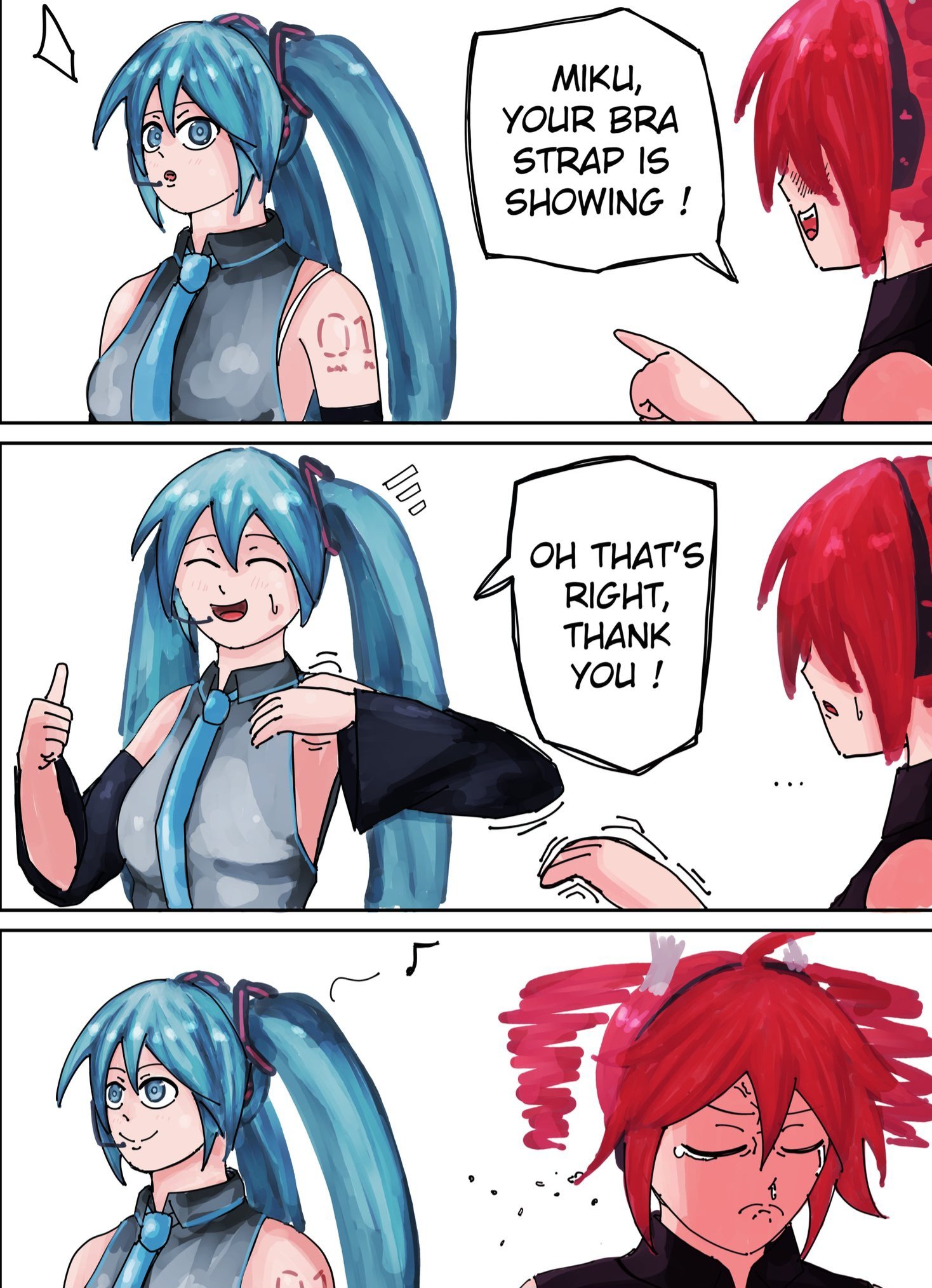 01 MIKU, YOUR BRA STRAP IS SHOWING! Доо OH THAT'S RIGHT, THANK YOU !