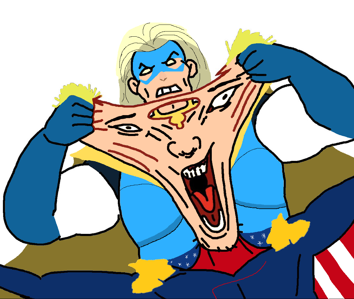 Blazer from Dispatch tearing Homelander's head in half.