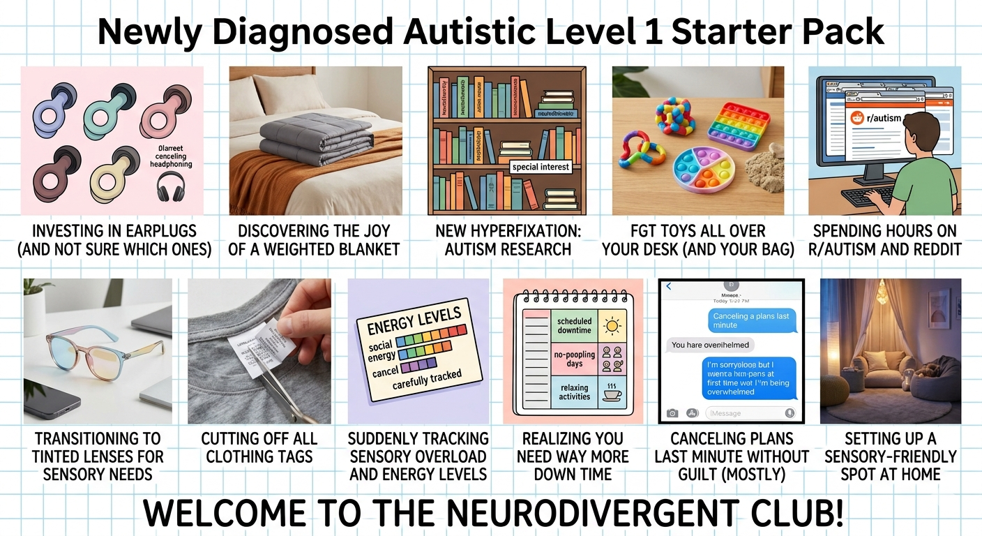 Newly Diagnosed Autistic Level 1 Starter Pack Olarreet cenceling headphoning special interest r/autism INVESTING IN EARPLUGS (AND NOT SURE WHICH ONES) DISCOVERING THE JOY OF A WEIGHTED BLANKET NEW HYPERFIXATION: AUTISM RESEARCH FGT TOYS ALL OVER YOUR DESK (AND YOUR BAG) SPENDING HOURS ON R/AUTISM AND REDDIT TRANSITIONING TO TINTED LENSES FOR SENSORY NEEDS ENERGY LEVELS social energy cancel carefully tracked scheduled downtime no-poopling days gg relaxing 115 activities CUTTING OFF ALL CLOTHING TAGS SUDDENLY TRACKING SENSORY OVERLOAD AND ENERGY LEVELS REALIZING YOU NEED WAY MORE DOWN TIME Mreece Today T20 7M Canceling a plans last minute You hare ovenihelmed I'm sorryolooe but I wenta him pans at first time wet I'm being overwhelmed Message CANCELING PLANS LAST MINUTE WITHOUT GUILT (MOSTLY) SETTING UP A SENSORY-FRIENDLY SPOT AT HOME WELCOME TO THE NEURODIVERGENT CLUB!
