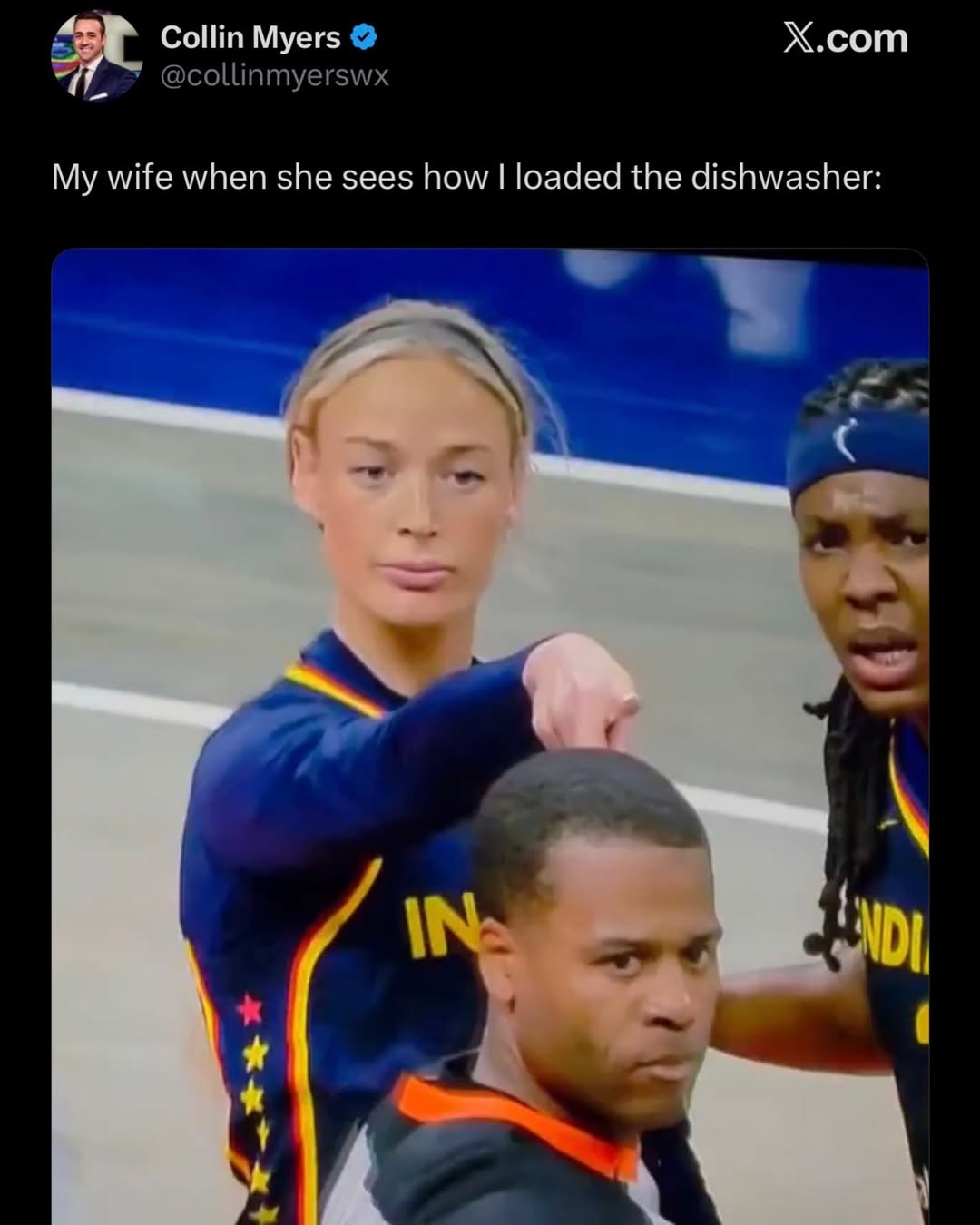 Collin Myers ❤ @collinmyerswx X.com My wife when she sees how I loaded the dishwasher: IN NDI