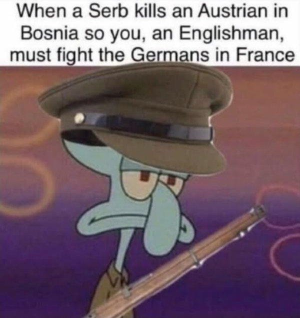 When a Serb kills an Austrian in Bosnia so you, an Englishman, must fight the Germans in France