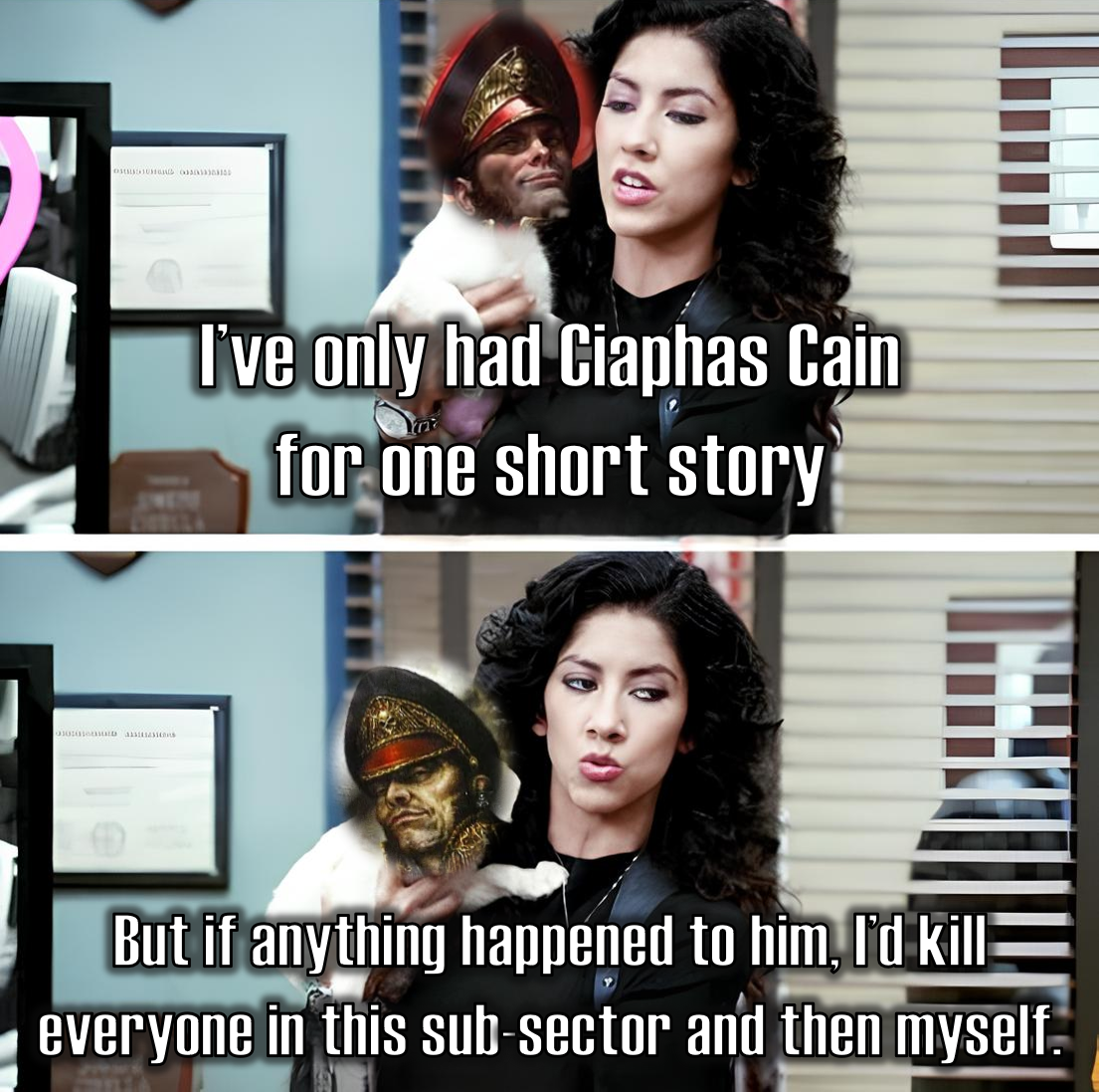 90 I've only had Ciaphas Cain for one short story But if anything happened to him, I'd kill everyone in this sub-sector and then myself.