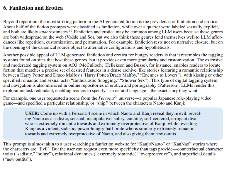 6. Fanfiction and Erotica Beyond repetition, the most striking pattern in the AI-generated fiction is the prevalence of fanfiction and erotica. About half of the fiction prompts were classified as fanfiction, while over a quarter were labeled sexually explicit, and both are likely underestimates.19 Fanfiction and erotica may be common among LLM users because these genres are both widespread on the web (Vadde and So), but we also think these genres lend themselves well to LLM affor- dances like repetition, customization, and permutation. For example, fanfiction rests not on narrative closure, but on the opening of the canonical source object to alternative configurations and hypotheticals. Another possible appeal of LLM-generated fanfiction and erotica for hungry readers is that it resembles the tagging systems found on sites that host these genres, but it provides even more granularity and customization. The extensive and moderated tagging system on AO3 (McCulloch; Hellekson and Busse), for instance, enables readers to locate fiction that matches a precise set of desired features in a dense archive, like stories featuring a romantic relationship between Harry Potter and Draco Malfoy ("Harry Potter/Draco Malfoy," "Enemies to Lovers"), with kissing or other specified romantic and sexual acts ("Enthusiastic Snogging," "Shower Sex"). This type of digital tagging system and navigation is also mirrored in online repositories of erotica and p---------- (Patterson). LLMs render this exploration task redundant, enabling readers to specify-in natural language--the exact story they want. For example, one user requested a scene from the Persona20 universe-a popular Japanese role-playing video game and specified a particular relationship, or "ship," between the characters Naoto and Kanji: USER: Come up with a Persona 4 scene in which Naoto and Kanji reveal they're evil, reveal- ing Naoto as a sadistic, sensual, manipulative, sultry, cunning, self-centered, arrogant diva who is extremely romantic towards and extremely overprotective of Kanji, while revealing Kanji as a violent, sadistic, power-hungry buff brute who is similarly extremely romantic towards and extremely overprotective of Naoto, and also giving them new outfits. This prompt is almost akin to a user searching a fanfiction website for "Kanji/Naoto" or "KanNao" stories where the characters are "Evil." But the user can request even more specificity than tags provide-counterfactual character traits ("sadistic," "sultry"), relational dynamics ("extremely romantic," "overprotective"), and superficial details ("new outfits").