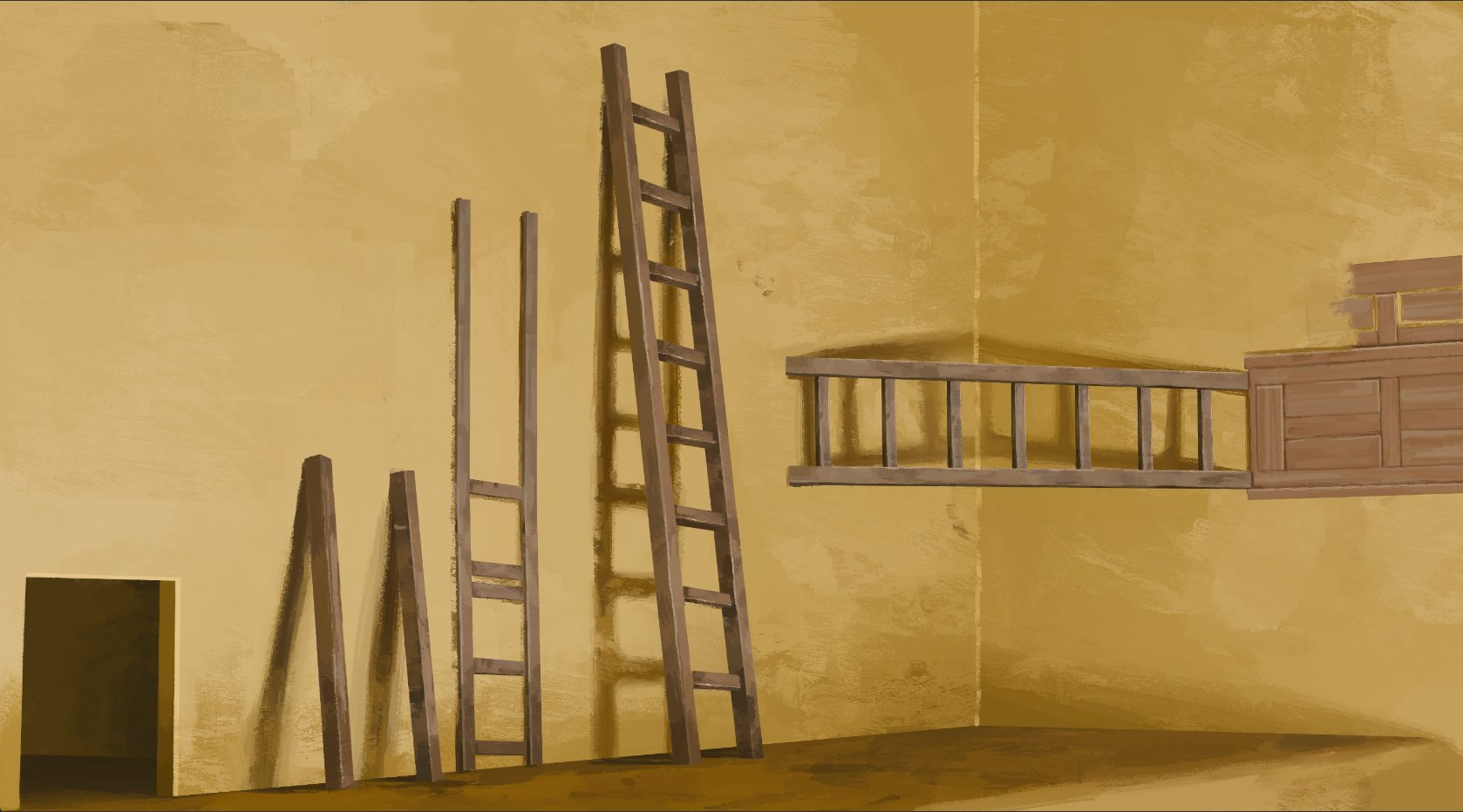 Ladders leading to the yellow wall