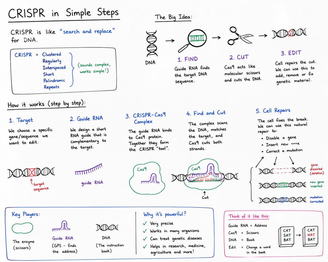 CRISPR in Simple Steps CRISPR is like "search and replace" for DNA. CRISPR = Clustered The Big Idea: MAM Regularly Interspaced Short (sounds complex, works simple!) DNA Palindromic Repeats How it works (step by step): →>> HINTA 1. FIND Guide RNA finds the target DNA sequence. ->>> → MIINNN 2. CUT Cas9 acts like molecular scissors and cuts the DNA. 3. EDIT Cell repairs the cut. We can use this to add, remove or fix genetic material. 1. Target 2. Guide RNA We choose a specific We design a short gene/sequence we want to edit. RNA guide that is Complementary to the target. 3. CRISPR-Cas9 Complex The guide RNA binds to Cas9 protein. Together they form the CRISPR "tool". 4. Find and Cut The complex scans the DNA, matches the target, and Cas9 cuts both strands. 5. Cell Repairs The cell fixes the break. We can use this natural repair to: •Disable a gene Insert new gene Correct a mutation. MMMMM "target sequence guide RNA Cas9 Cas9 cut MIX MIXXMININ gene disabled (deletion) new gene inserted mutation MIXXX corrected 0៛ Key Players: Why it's powerful? Think of it like this: The enzyme (scissors) mman Guide RNA (GPS finds the address) MMX ✓ Very precise Guide RNA Address Works in many organisms Cas9 = Scissors CAT DNA Can treat genetic diseases DNA = Book (The instruction book) Helps in research, medicine, agriculture and more! SAT →>>> CAT HAT BAT 8-8 BAT Edit = Change a word in the book