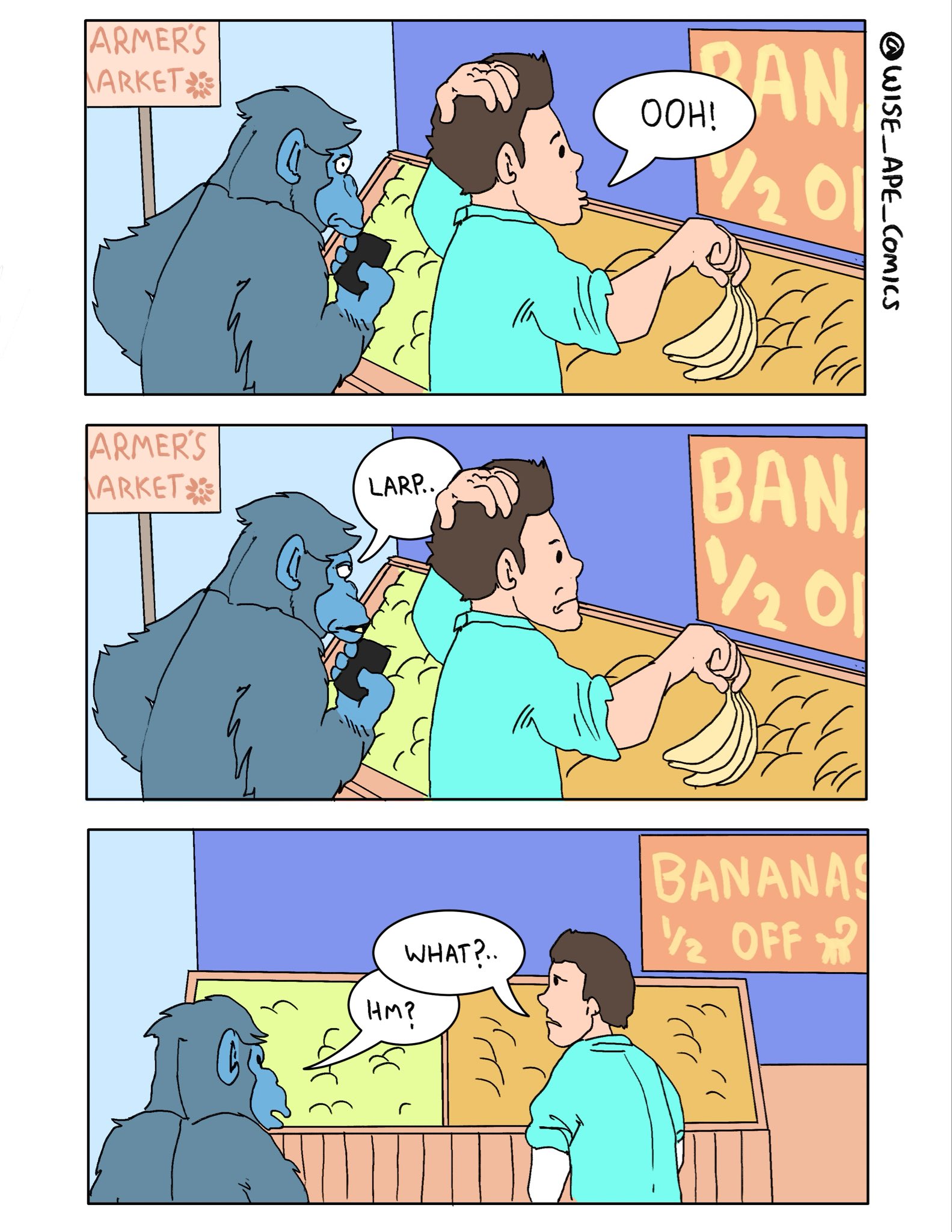 ARMER'S ARKET ARMER'S ARKET LARP... OOH! AN 11/201 E @WISE_APE_COMICS BAN 1/201 E ル BANANAS OFF WHAT?.. HM? ୮